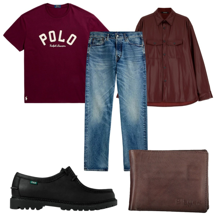 Outfit uomo - Total look #1978456. Stile Casual per Tutti i giorni. Abbinamento con camicie, scarpe stringate, jeans dritti, t-shirt, portafogli.