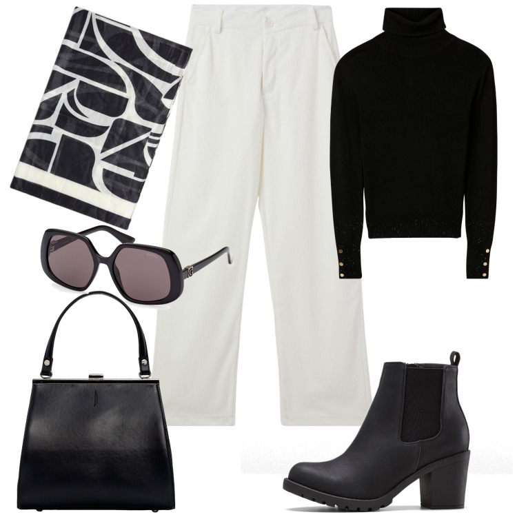 Outfit donna - In città. Stile Casual chic per Tutti i giorni. Abbinamento con stivaletti, pantaloni, maglieria, occhiali da sole, foulard, clutch.