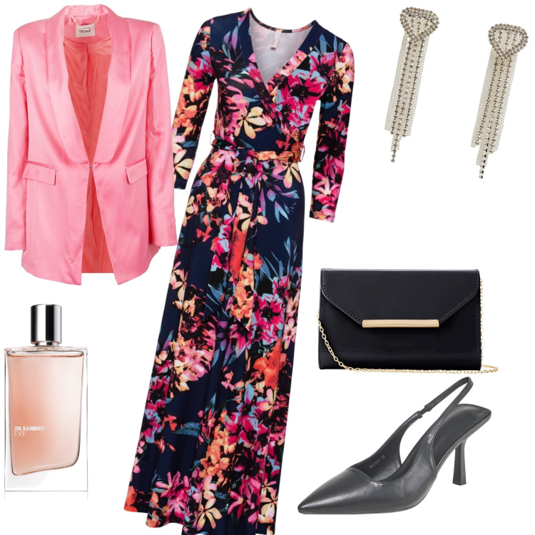 Outfit donna - Cerimonia autunnale. Stile Glamour per Cerimonia. Abbinamento con vestiti lunghi, pochette, profumi, orecchini, décolleté, blazer.