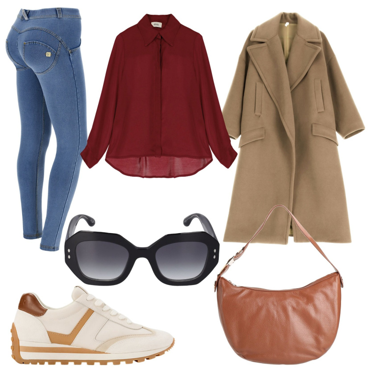 Outfit donna - Accessori glamour. Stile Sporty chic per Tutti i giorni. Abbinamento con borse a mano, cappotti, jeggings, sneakers, camicie, occhiali da sole.