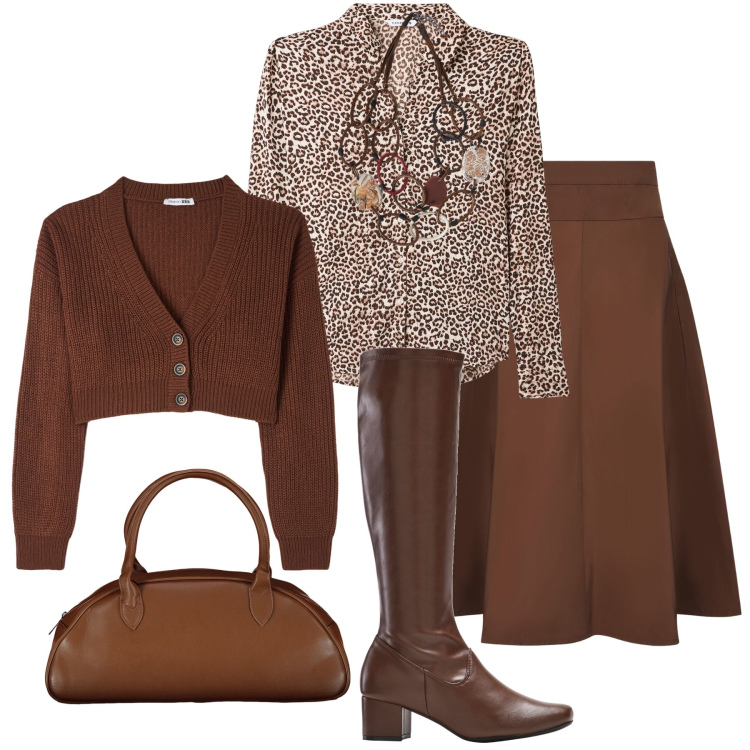 Outfit donna - Total brown. Stile Casual chic per Ufficio. Abbinamento con stivali, cardigans, camicie, gonne, collane, borse a spalla.
