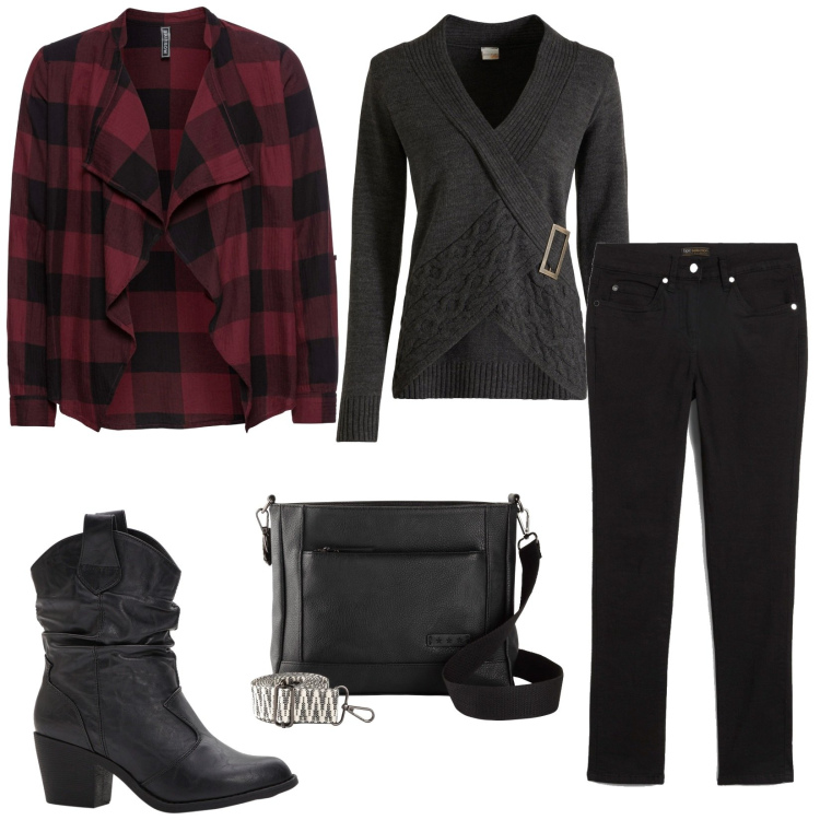 Outfit donna - Bonprix autunno. Stile Trendy per Tutti i giorni. Abbinamento con jeans dritti, stivaletti texani, borse a tracolla, pullovers, bomber.