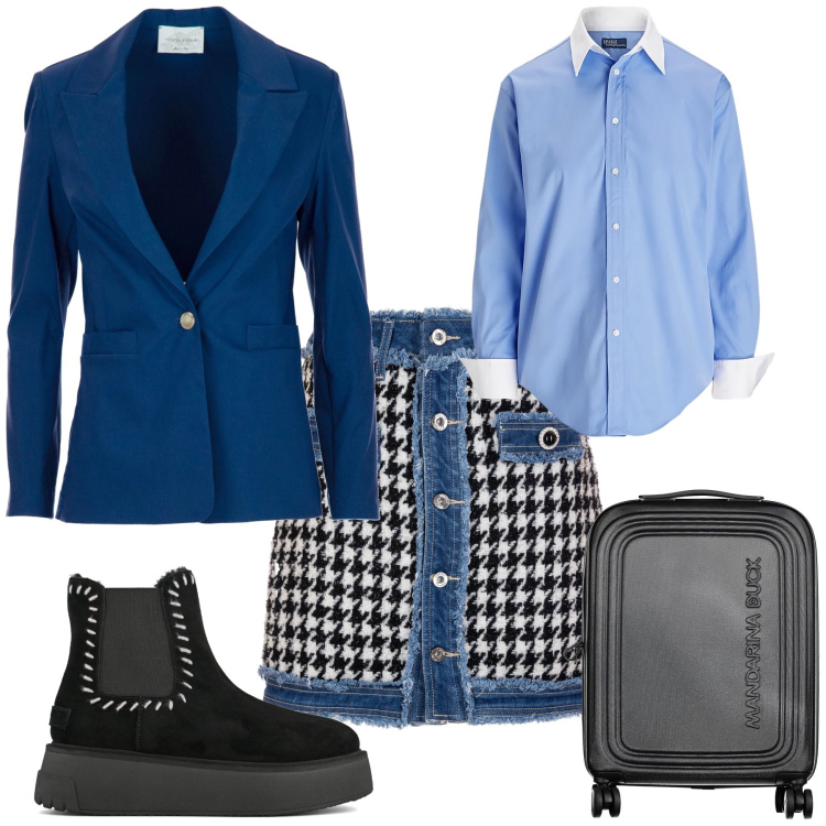 Outfit donna - Viaggio di lavoro. Stile Trendy per Tutti i giorni. Abbinamento con gonne, camicie, stivaletti, valigie, blazer.