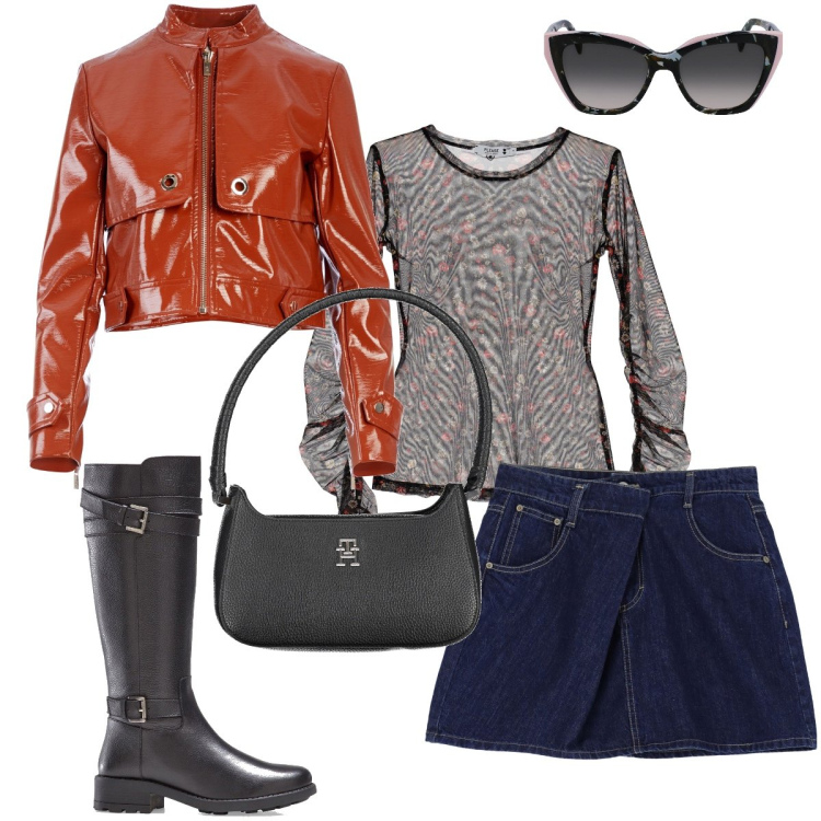 Outfit donna - Il giubbotto in vernice. Stile Preppy per Tutti i giorni. Abbinamento con stivali, blazer, minigonne, t-shirt, occhiali da sole, borse a spalla.