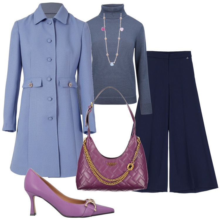 Outfit donna - Blu e viola. Stile Casual chic per Ufficio. Abbinamento con décolleté, collane, trench, pantaloni a palazzo, maglieria, borse a spalla.