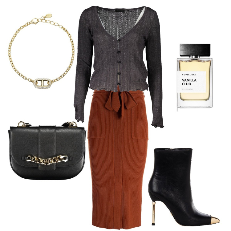 Outfit donna - Il cardigan grazioso. Stile Sexy per Serata fuori. Abbinamento con profumi, braccialetti, stivaletti, gonne longuette, cardigans, borse a tracolla.