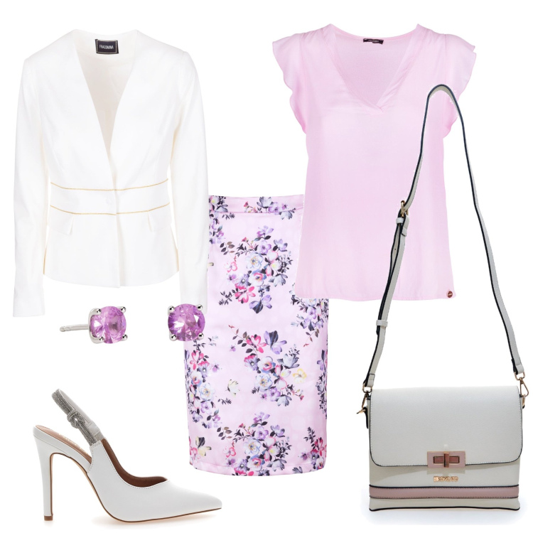 Outfit donna - In ufficio. Stile Chic per Ufficio. Abbinamento con orecchini, gonne longuette, bluse, blazer, borse a tracolla, décolleté.