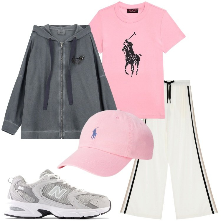 Outfit donna - Sport con stile. Stile Casual per Sport. Abbinamento con scarpe sportive, pantaloni sportivi, felpe con cappuccio, cappelli, t-shirt.