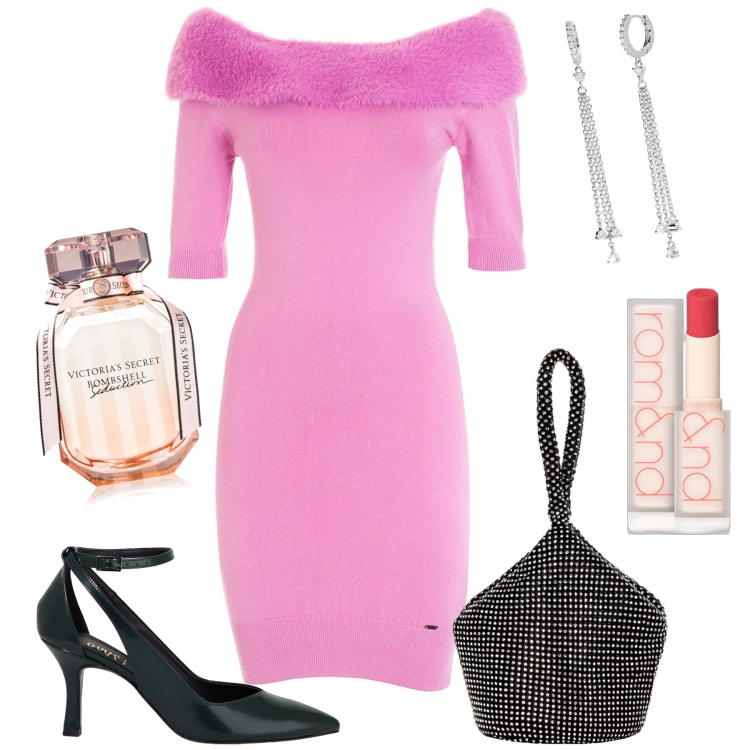 Outfit donna - Dress to impress. Stile Glamour per Serata fuori. Abbinamento con profumi, rossetti, orecchini, pochette, vestiti, décolleté.