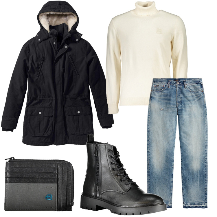 Outfit uomo - Appeal metropolitano. Stile Urban per Tutti i giorni. Abbinamento con parka, jeans dritti, portafogli, stivali, maglieria.