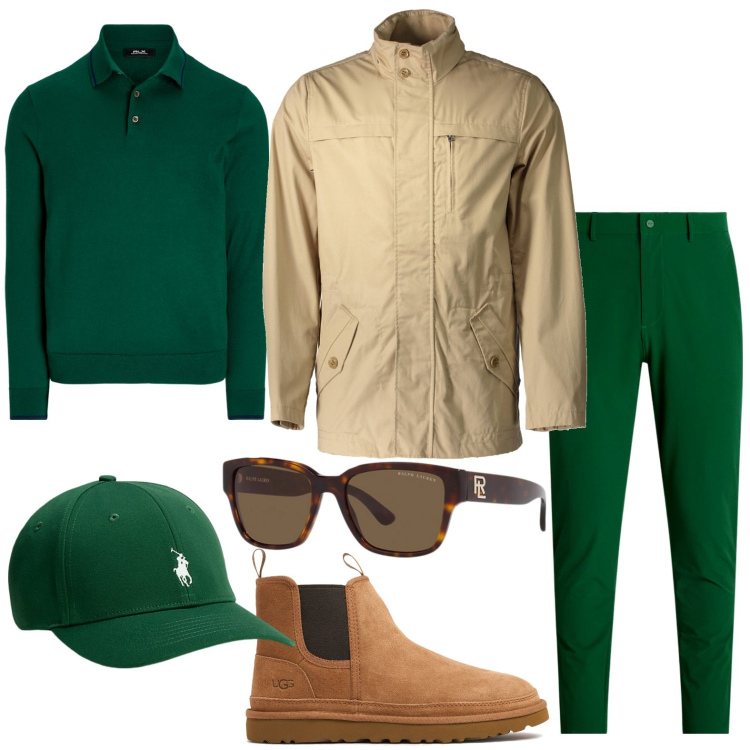 Outfit uomo - Cromia sottobosco. Stile Urban per Ufficio. Abbinamento con occhiali da sole, pantaloni, cappelli, maglieria, stivali, giacche.