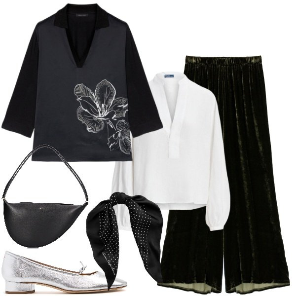 Outfit donna - Il blazer con il fiore. Stile Bon Ton per Cerimonia. Abbinamento con pantaloni, foulard, camicie, t-shirt, scarpe col tacco, borse a spalla.