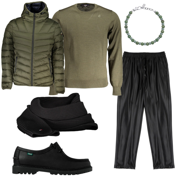 Outfit uomo - Ispirazione military. Stile Urban per Serata speciale. Abbinamento con braccialetti, pantaloni, scarpe stringate, giacche, maglieria, sciarpe.