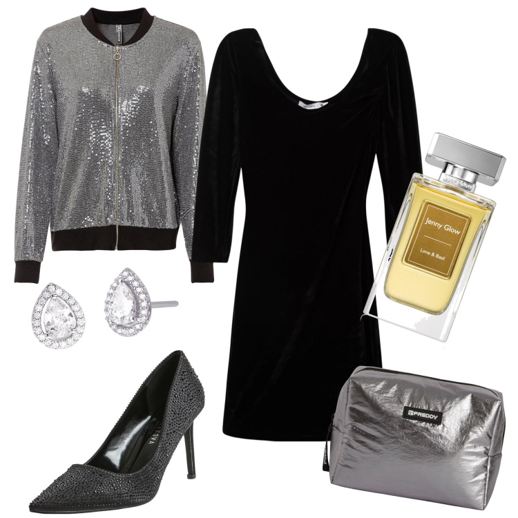 Outfit donna - Glow. Stile Glamour per Serata fuori. Abbinamento con bomber, profumi, vestiti lunghi, décolleté, orecchini, valigie.