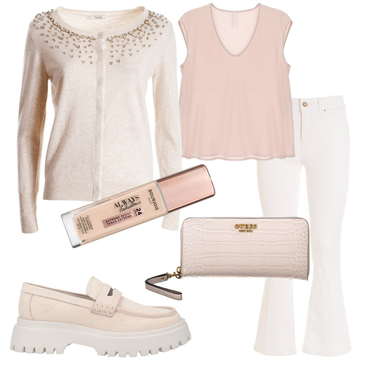 Outfit donna - In tenui colori. Stile Casual chic per Tutti i giorni. Abbinamento con mocassini, fondotinta, cardigans, jeans, top, portafogli.