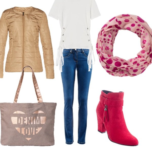 Outfit donna - Chic low cost 3. Stile Urban per Tutti i giorni. Abbinamento con jeans dritti, sciarpina, piumino a pois, stivaletti, shopping bag grigio, t-shirt con scollo a maniche corte con lacci bianco e argento.