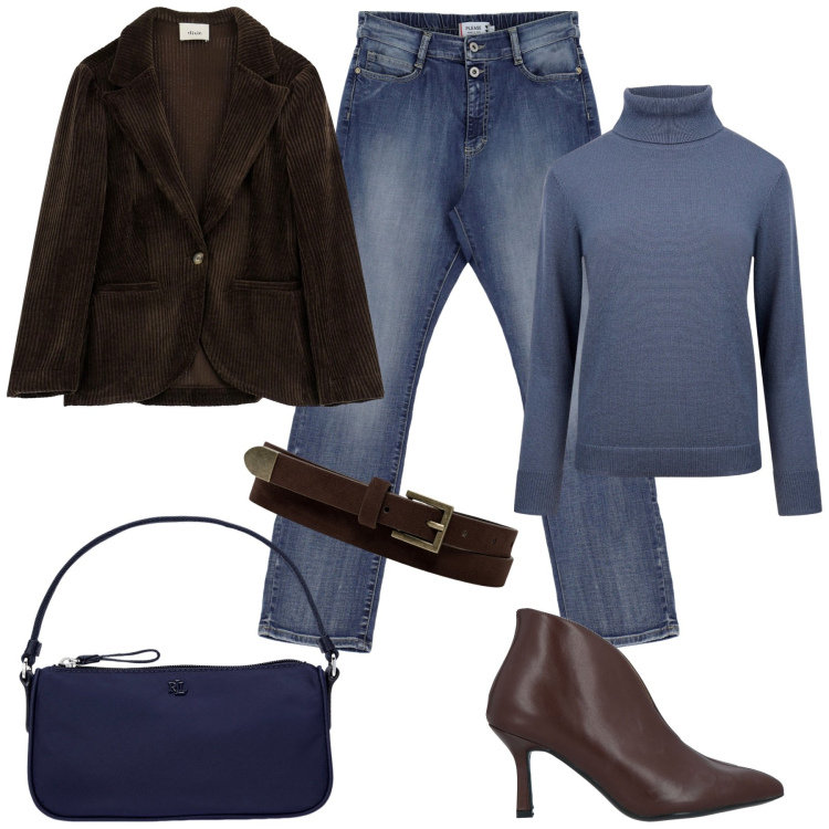 Outfit donna - Classic casual chic. Stile Casual chic per Tutti i giorni. Abbinamento con stivaletti, jeans dritti, blazer, pochette, maglieria, cinture.