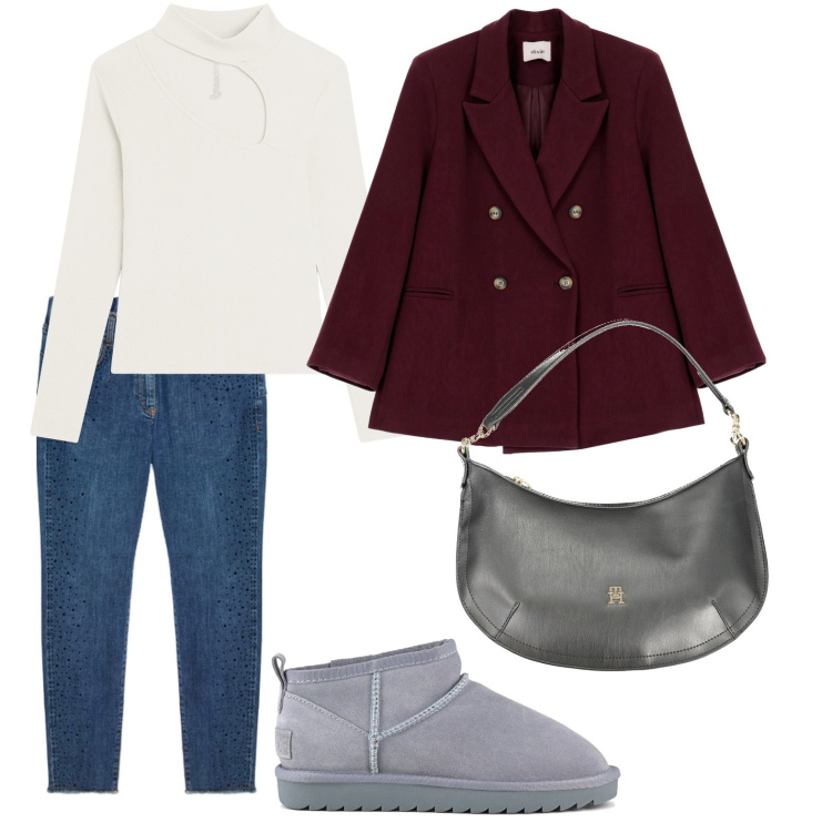 Outfit donna - Look di tendenza. Stile Glamour per Scuola/Università. Abbinamento con maglieria, blazer, stivali, borse a spalla, jeans skinny.