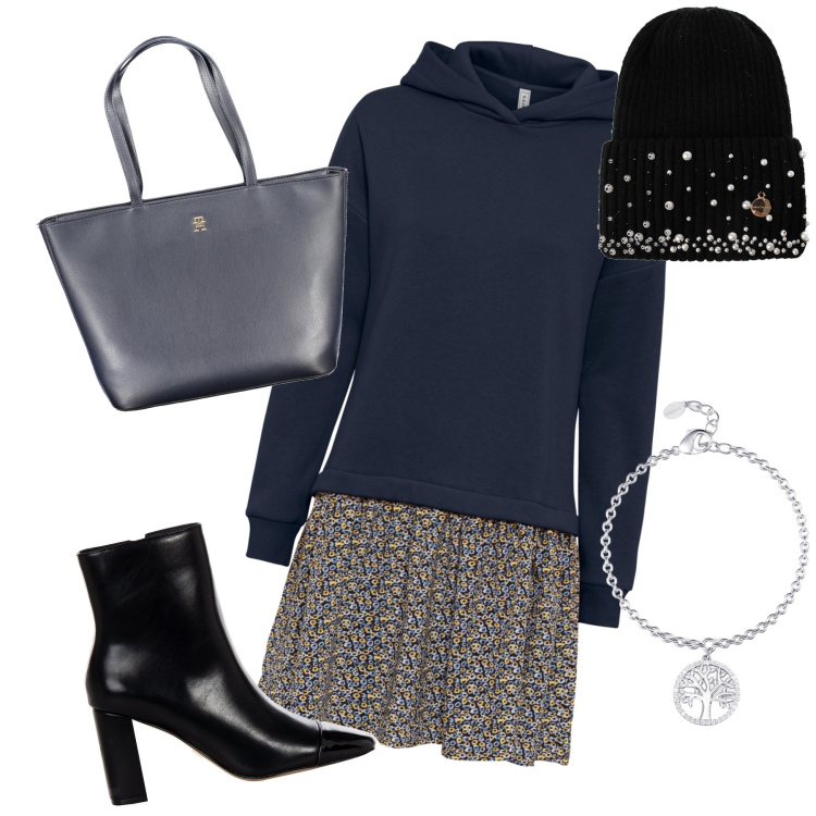 Outfit donna - L abito caldo. Stile Trendy per Ufficio. Abbinamento con vestiti, braccialetti con ciondoli, berretti, stivaletti, borse a spalla.