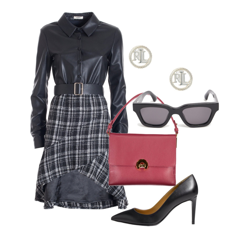 Outfit donna - Ecopelle chic. Stile Chic per Ufficio. Abbinamento con vestiti asimmetrici, orecchini, décolleté, occhiali da sole, borse a spalla.