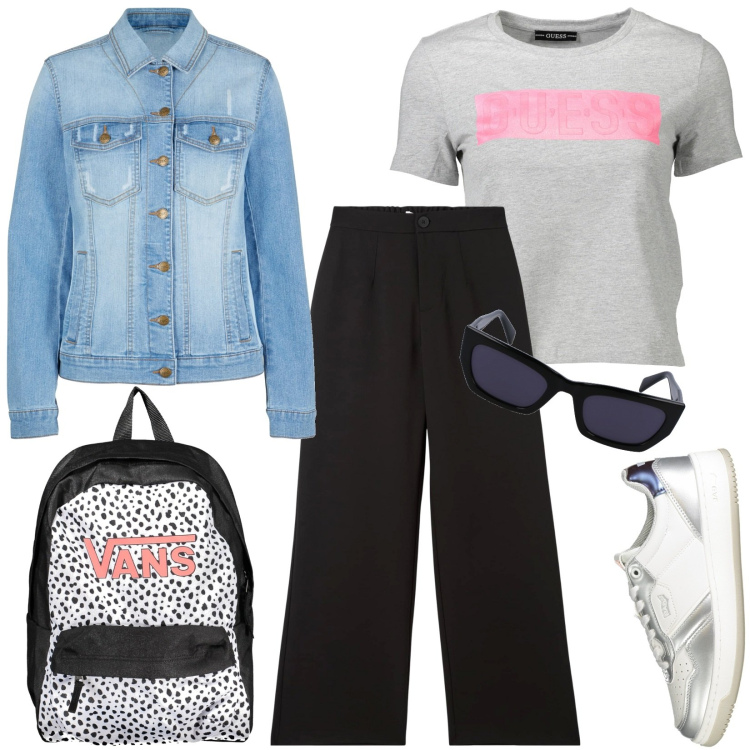 Outfit donna - Pantaloni design semplice/raffinato. Stile Basic per Tutti i giorni. Abbinamento con blazer, pantaloni, sneakers, t-shirt, zaini, occhiali da sole.