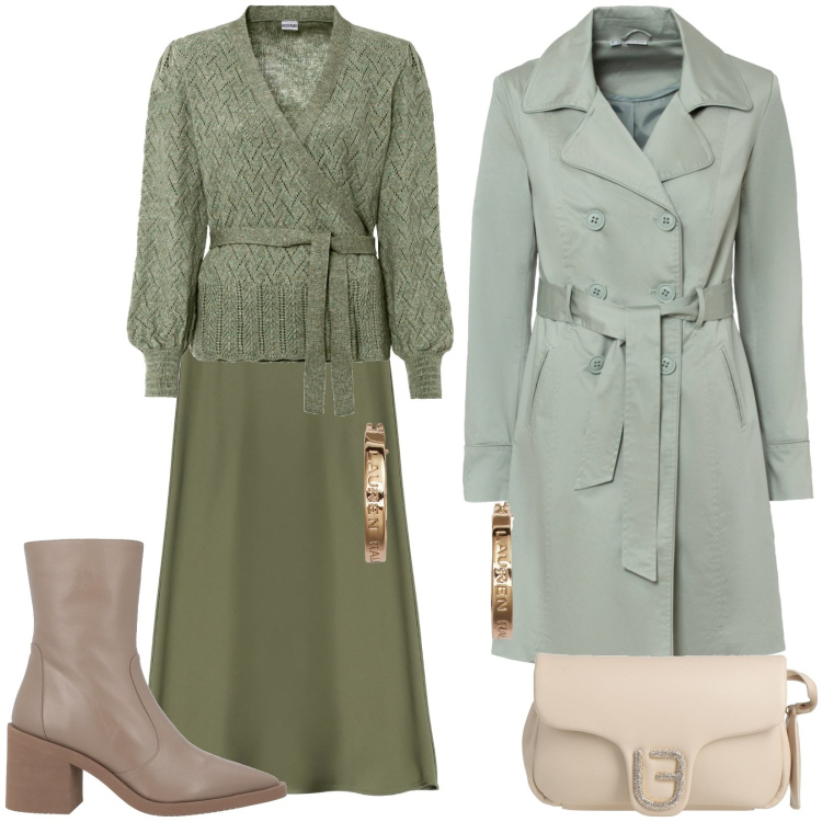Outfit donna - Total look #1978823. Stile Casual per Ufficio. Abbinamento con trench, maglieria, stivaletti, borse a mano, gonne longuette, orecchini.
