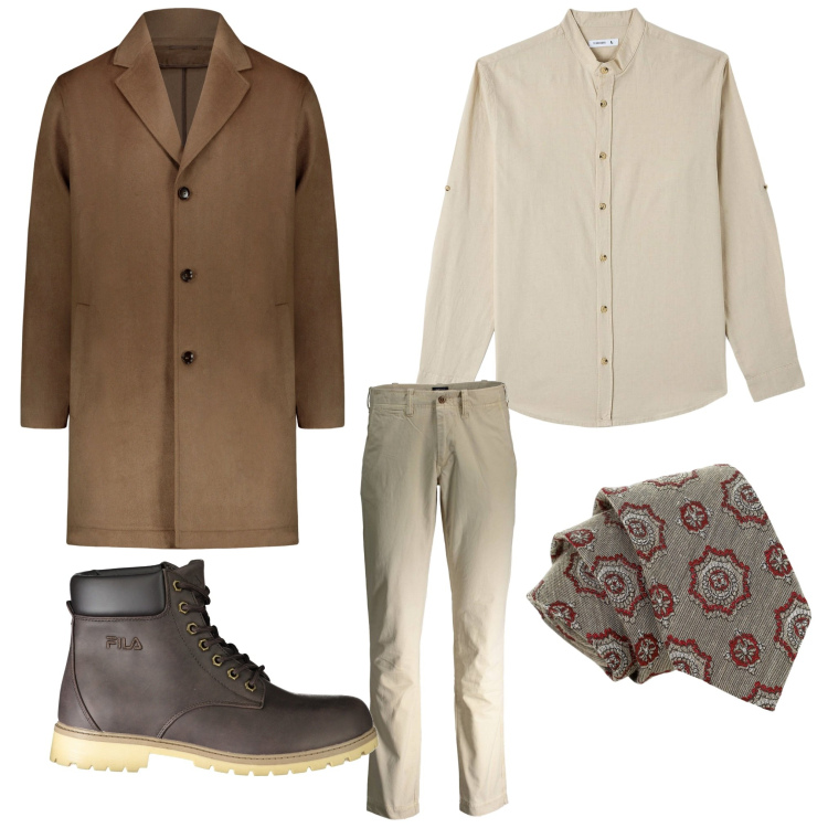 Outfit uomo - In cappotto. Stile Business/Elegante per Ufficio. Abbinamento con camicie, cravatte, cappotti, pantaloni, stivali.