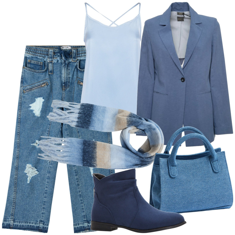 Outfit donna - Denim station. Stile Trendy per Tutti i giorni. Abbinamento con stivaletti, jeans strappati, borse a tracolla, sciarpe, top, blazer.