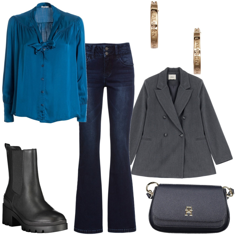 Outfit donna - Total look #1978834. Stile Casual per Ufficio. Abbinamento con jeans bootcut, bluse, blazer, orecchini, stivali, borse a tracolla.