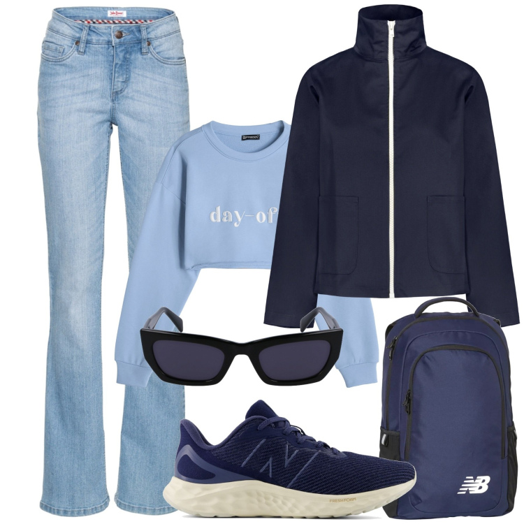 Outfit donna - Week end fuori porta. Stile Basic per Mare. Abbinamento con jeans bootcut, sneakers, zaini, felpe, blazer, occhiali da sole.