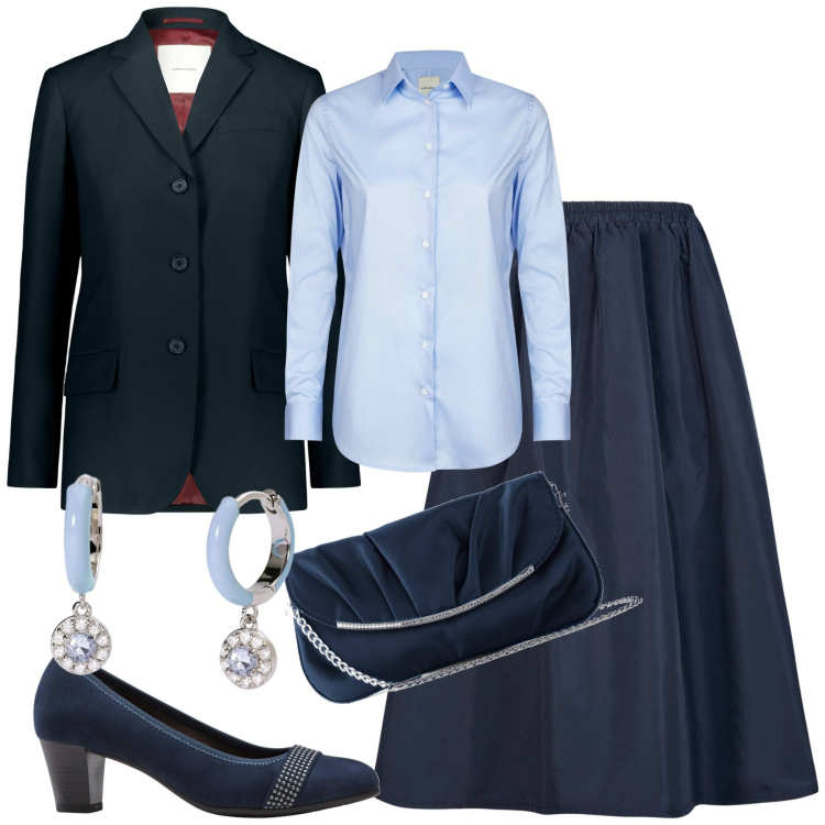 Outfit donna - Ufficio in blu. Stile Bon Ton per Ufficio. Abbinamento con décolleté, pochette, orecchini, blazer, gonne lunghe, camicie.
