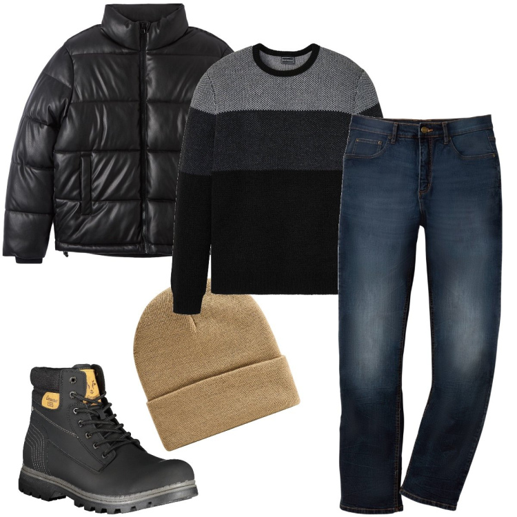 Outfit uomo - Serata con gli amici. Stile Urban per Serata speciale. Abbinamento con jeans dritti, maglieria, piumini, berretti, stivali.