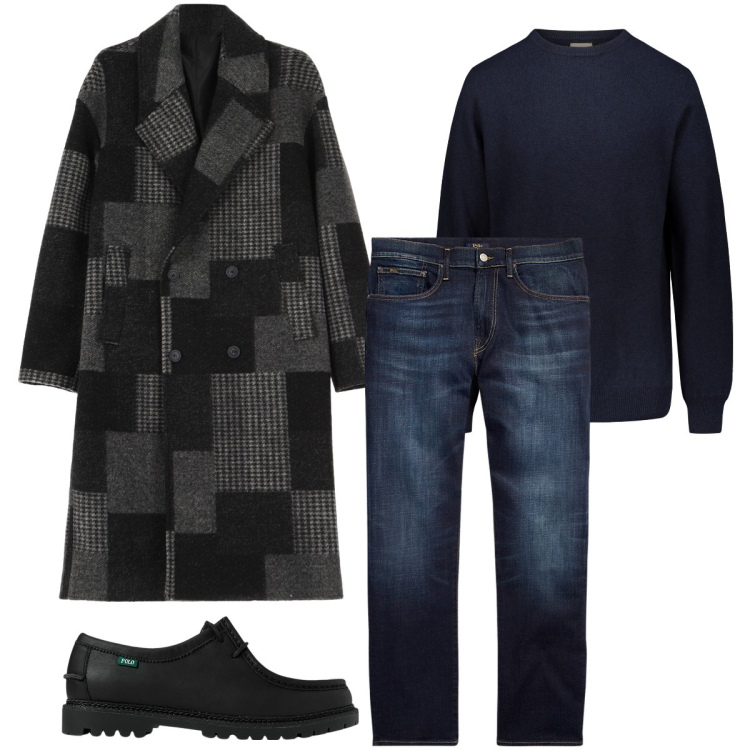 Outfit uomo - Il cappotto particolare. Stile Trendy per Serata speciale. Abbinamento con cappotti, jeans dritti, scarpe stringate, maglieria.