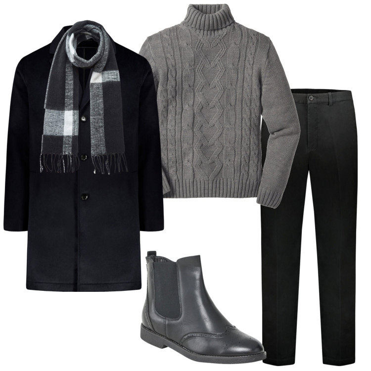 Outfit uomo - In ufficio. Stile Urban per Ufficio. Abbinamento con maglieria, sciarpe, stivali e stivaletti, pantaloni, cappotti.