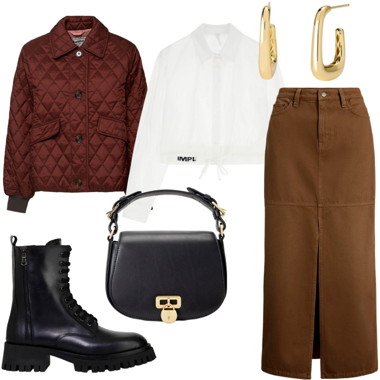 Outfit donna - La gonna cult. Stile Minimal per Tutti i giorni. Abbinamento con orecchini, camicie, stivali, borse a tracolla, gonne, giacche.
