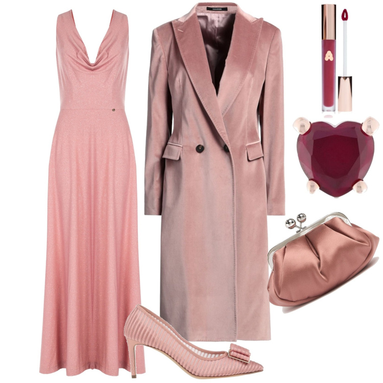 Outfit donna - Abito Lungo Microglitter Rosa. Stile Chic per Cerimonia. Abbinamento con cappotti, décolleté, rossetti, vestiti lunghi, orecchini, pochette.