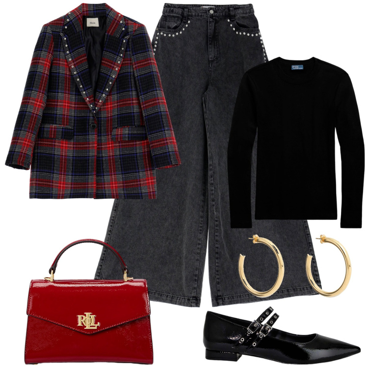 Outfit donna - In città. Stile Trendy per Tutti i giorni. Abbinamento con jeans, blazer, ballerine, t-shirt, borse a mano, orecchini.