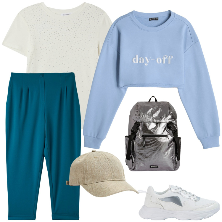 Outfit donna - Look sportivo. Stile Sporty chic per Tutti i giorni. Abbinamento con felpe, zaini, t-shirt, pantaloni chino, sneakers, cappelli.
