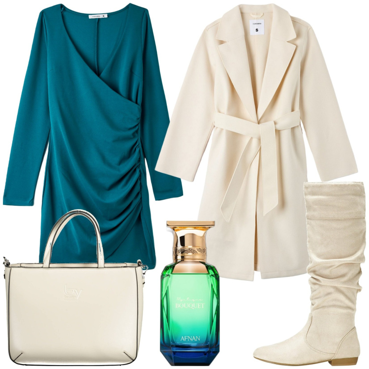 Outfit donna - Total look #1978883. Stile Minimal per Tutti i giorni. Abbinamento con stivali, cappotti, vestiti corti, profumi, borse a spalla.