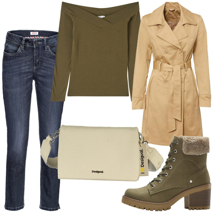 Outfit donna - Total look #1978894. Stile Casual per Tutti i giorni. Abbinamento con jeans, trench, stivaletti, t-shirt, borse a spalla.