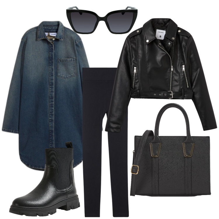 Outfit donna - In giro per la città. Stile Urban per Tutti i giorni. Abbinamento con vestiti, leggings, shopping bag, stivaletti chelsea, giacche, occhiali da sole.