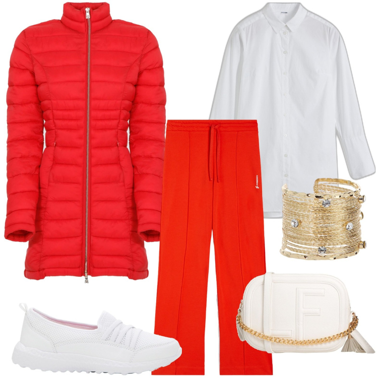 Outfit donna - Protagonista in rosso. Stile Casual per Tutti i giorni. Abbinamento con sneakers, camicie, borse a tracolla, piumini, pantaloni a palazzo, braccialetti.