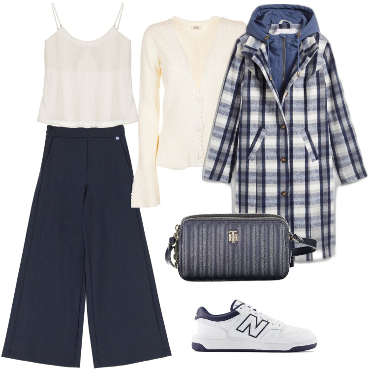 Outfit donna - Il look per il giorno. Stile Casual chic per Tutti i giorni. Abbinamento con cappotti, sneakers, cardigans, pantaloni, top, borse a tracolla.