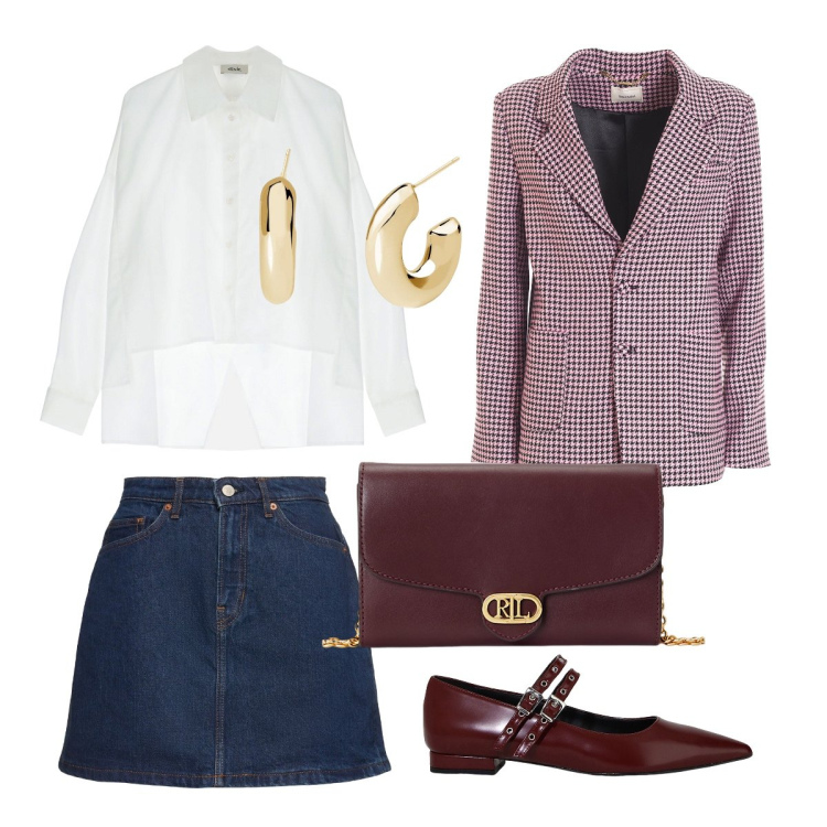 Outfit donna - All’università. Stile Preppy per Scuola/Università. Abbinamento con orecchini, blazer, ballerine, camicie, borse a tracolla, minigonne.