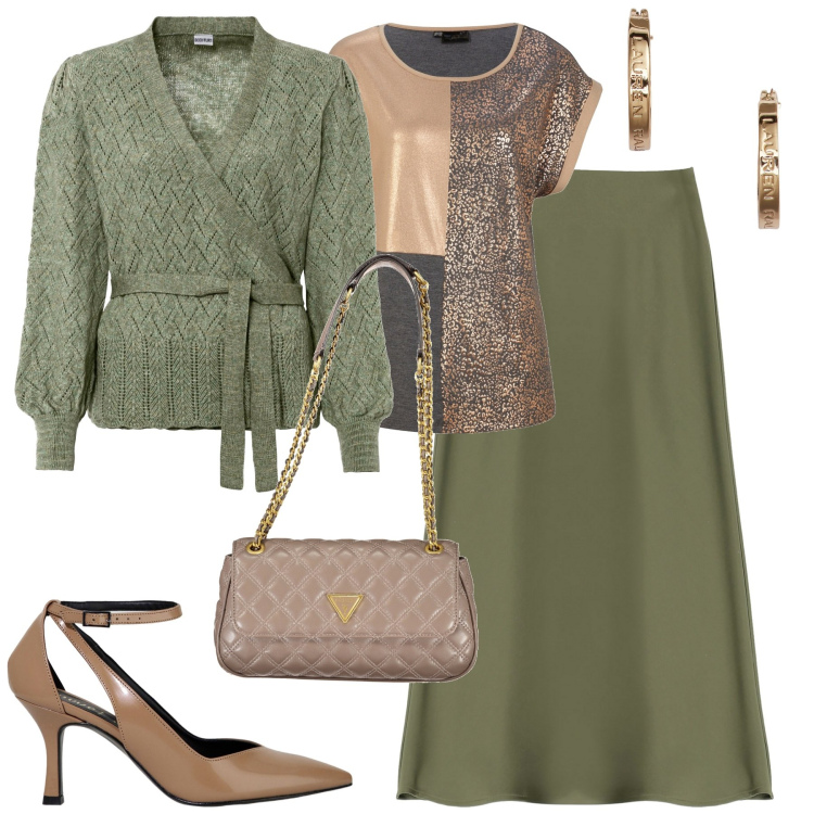 Outfit donna - Verde oliva. Stile Trendy per Tutti i giorni. Abbinamento con maglieria, maglieria, gonne longuette, décolleté, orecchini, borse a spalla.