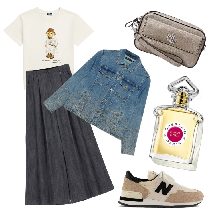 Outfit donna - A modo mio. Stile Casual chic per Tutti i giorni. Abbinamento con profumi, sneakers, pantaloni a palazzo, t-shirt, pochette, blazer.