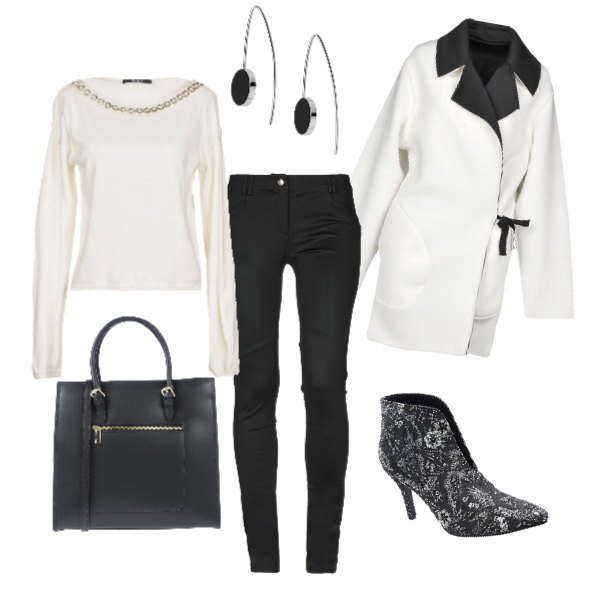 Outfit donna - Black and White every day. Stile Chic per Tutti i giorni. Abbinamento con soprabito fantasia collo con revers a maniche lunghe interno sfoderato monopetto, pullover con strass lavorato a maglia tinta unita, pantalone skinny vita bassa con zip jersey, orecchini, borsa a mano taglia media con zip interno foderato tinta unita, tronchetti.