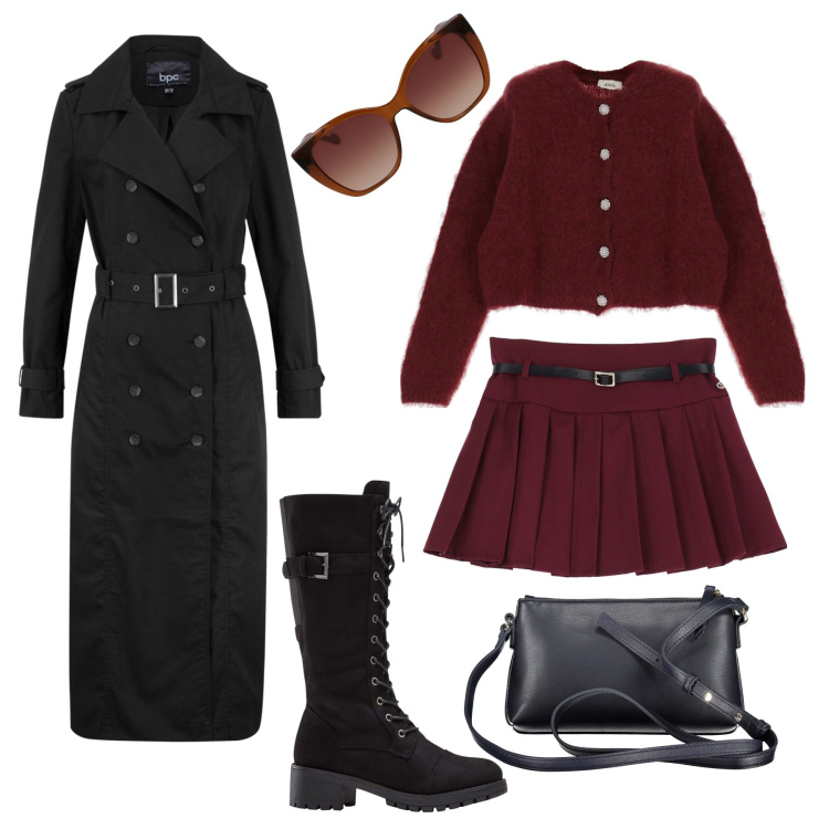 Outfit donna - Minigonna, trench e stivali stringati. Stile Trendy per Tutti i giorni. Abbinamento con stivali, trench, minigonne, cardigans, borse a tracolla, occhiali da sole.