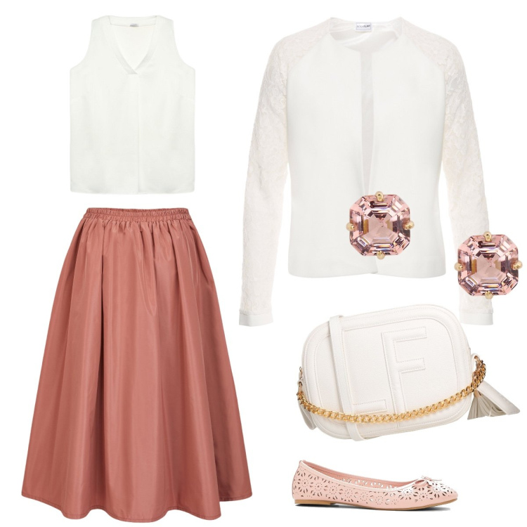 Outfit donna - La cresima della nipote. Stile Bon Ton per Cerimonia. Abbinamento con ballerine, blazer, borse a tracolla, orecchini, gonne lunghe, top.