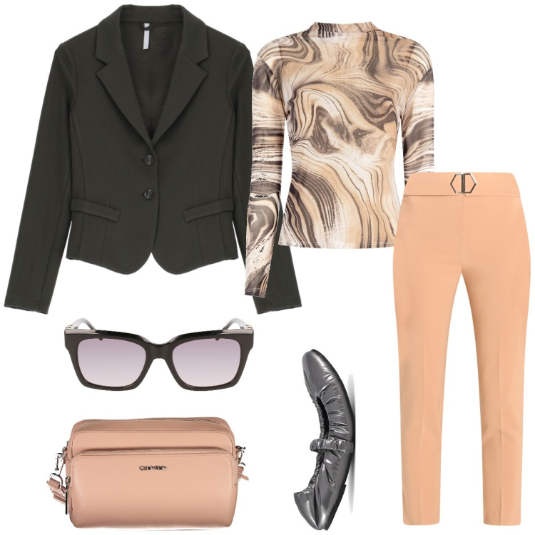 Outfit donna - Ufficio. Stile Chic per Ufficio. Abbinamento con pantaloni, maglieria, blazer, ballerine, occhiali da sole, borse a tracolla.